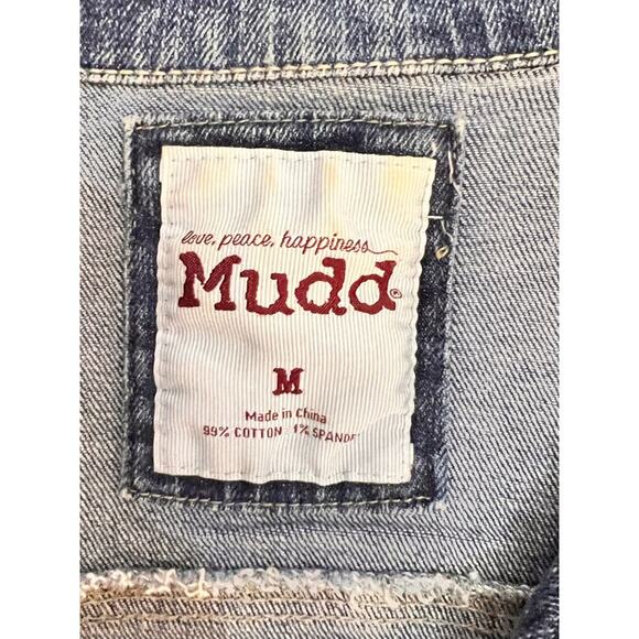 Mudd Sequined Coquette White Baseball Bow Blue Denim Distressed Jean Jacket Sz M - Picture 5 of 8